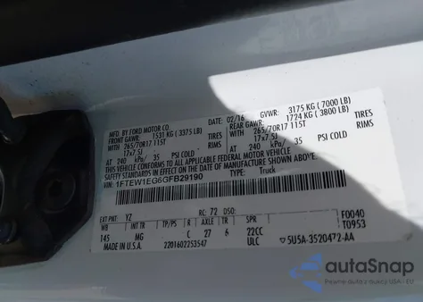 2016 Ford F-150 Xlt из США, поврежденный, VIN 1FTEW1EG6GFB29190